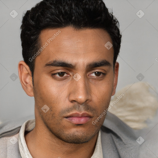 Neutral latino young-adult male with short  black hair and brown eyes