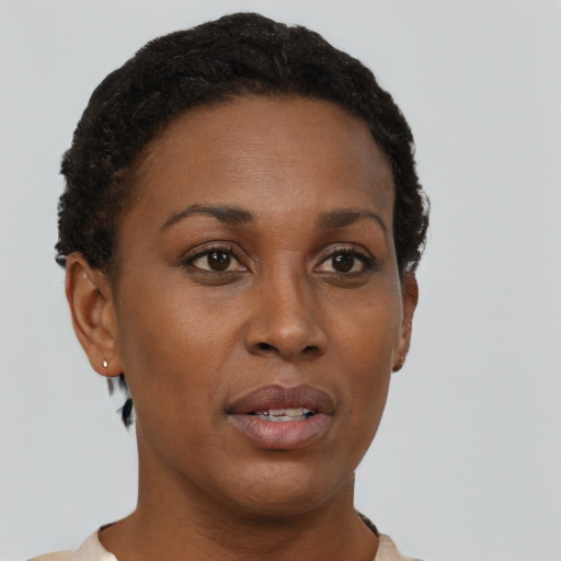 Neutral black young-adult female with short  brown hair and brown eyes