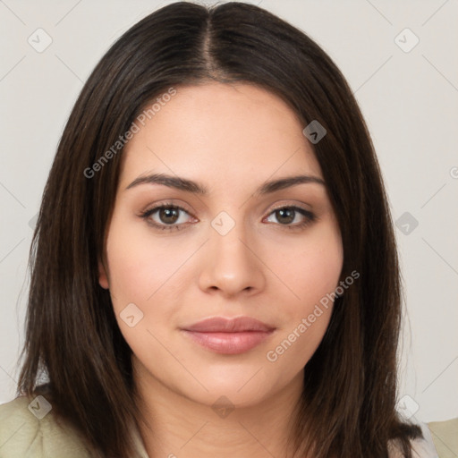 Neutral white young-adult female with medium  brown hair and brown eyes