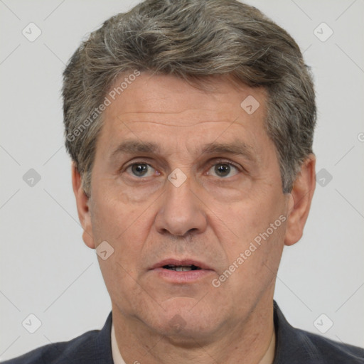 Neutral white middle-aged male with short  brown hair and brown eyes