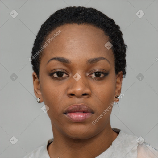 Neutral black young-adult female with short  black hair and brown eyes