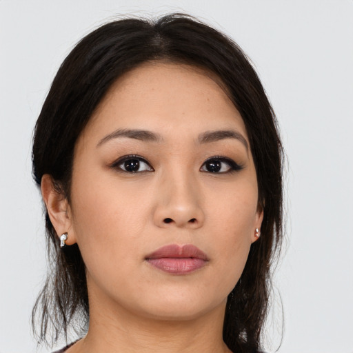 Neutral asian young-adult female with long  brown hair and brown eyes