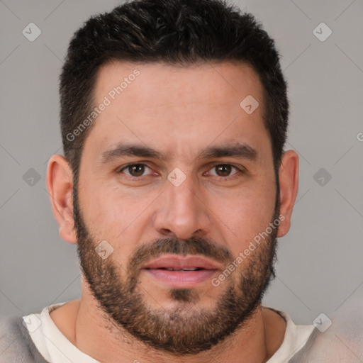 Joyful white young-adult male with short  brown hair and brown eyes