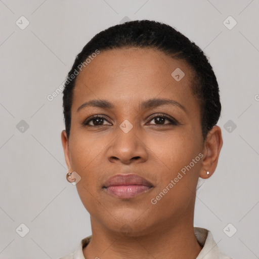 Neutral black young-adult female with short  black hair and brown eyes