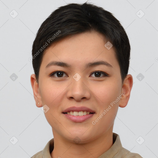 Joyful asian young-adult female with short  brown hair and brown eyes