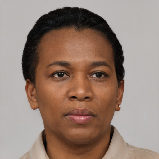 Neutral black young-adult female with short  black hair and brown eyes