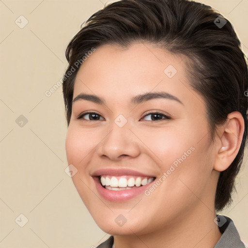 Joyful white young-adult female with medium  brown hair and brown eyes