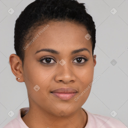 Joyful latino young-adult female with short  brown hair and brown eyes