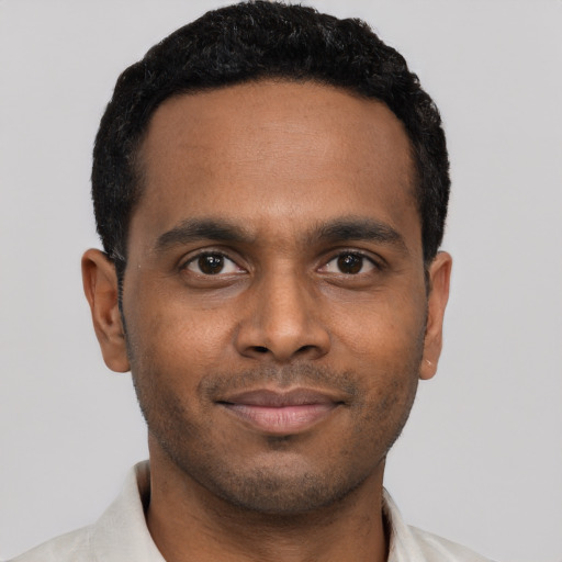 Neutral black young-adult male with short  black hair and brown eyes