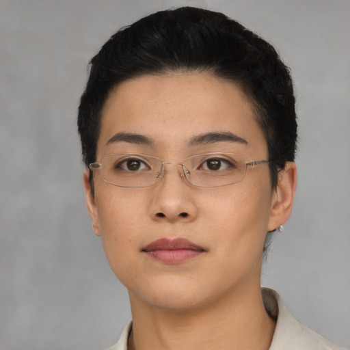 Neutral asian young-adult female with short  black hair and brown eyes