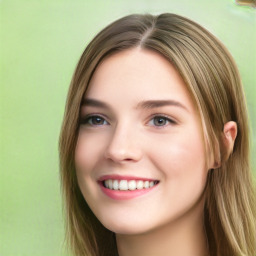 Joyful white young-adult female with long  brown hair and green eyes