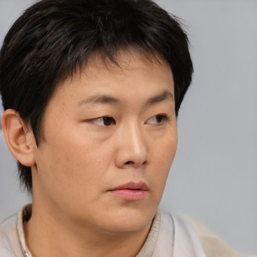Neutral asian young-adult male with short  brown hair and brown eyes