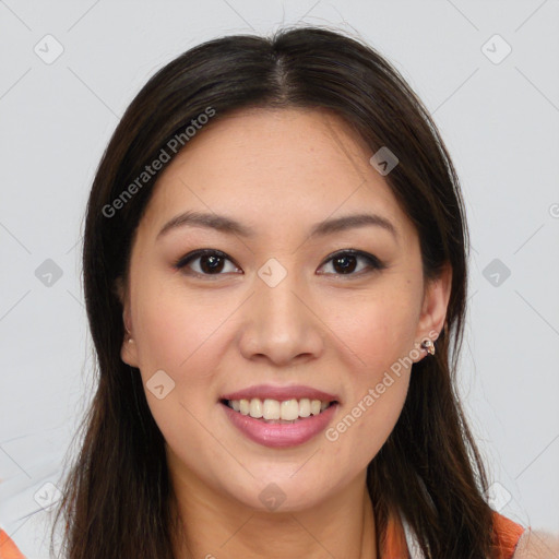 Joyful white young-adult female with long  brown hair and brown eyes