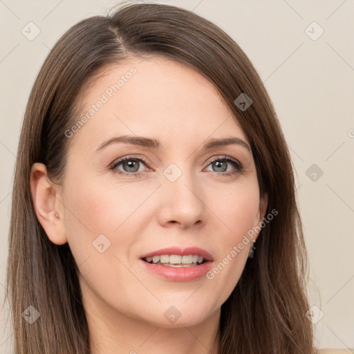 Joyful white young-adult female with long  brown hair and grey eyes