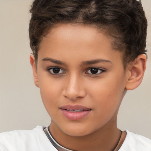 Joyful white child female with short  brown hair and brown eyes