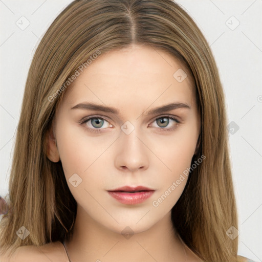 Neutral white young-adult female with long  brown hair and brown eyes