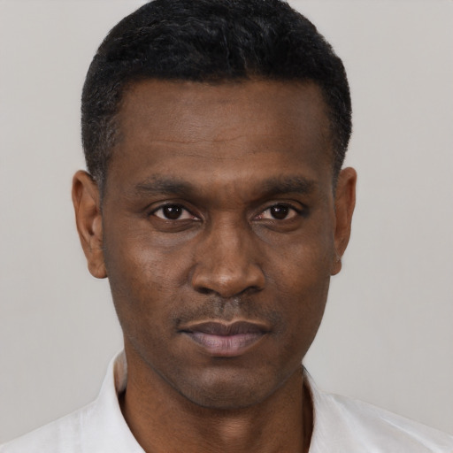 Neutral black young-adult male with short  black hair and brown eyes