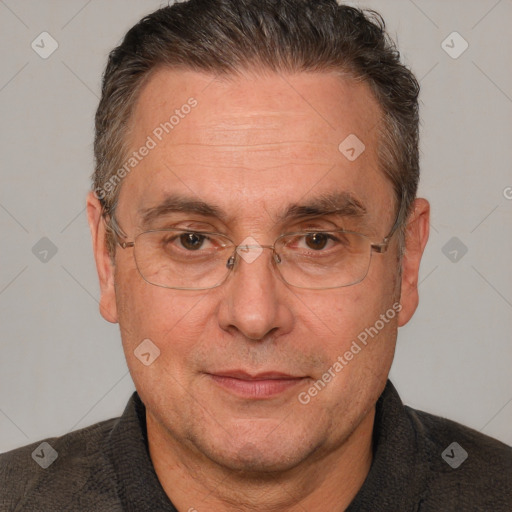 Joyful white middle-aged male with short  brown hair and brown eyes