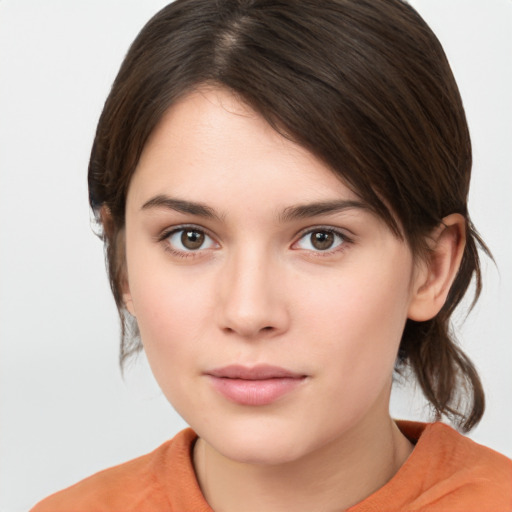 Neutral white young-adult female with medium  brown hair and brown eyes