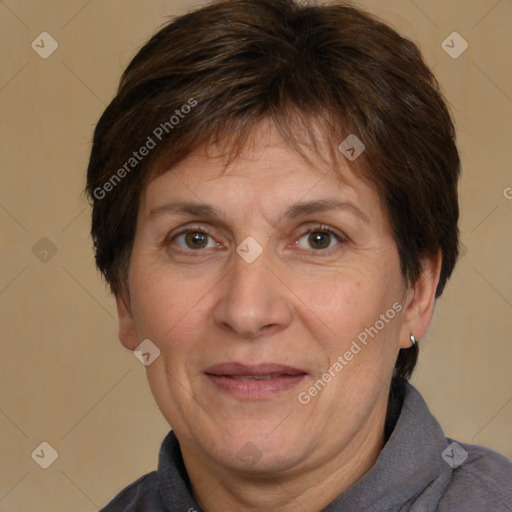 Joyful white adult female with short  brown hair and brown eyes