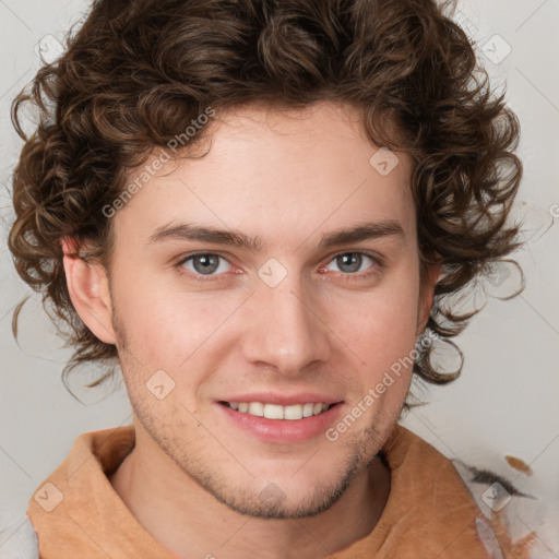 Joyful white young-adult male with medium  brown hair and brown eyes