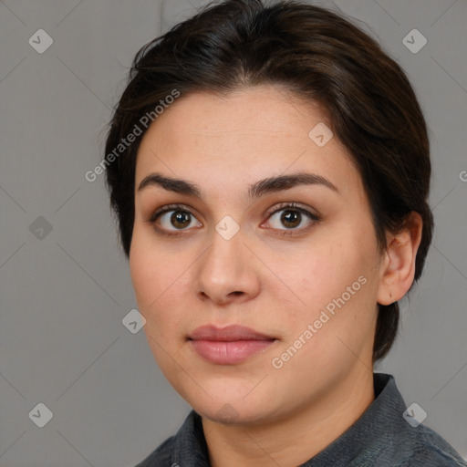 Neutral white young-adult female with medium  brown hair and brown eyes