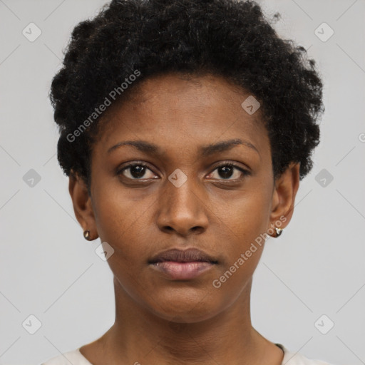 Neutral black young-adult female with short  black hair and brown eyes