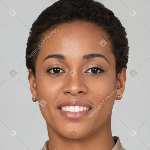 Joyful black young-adult female with short  brown hair and brown eyes