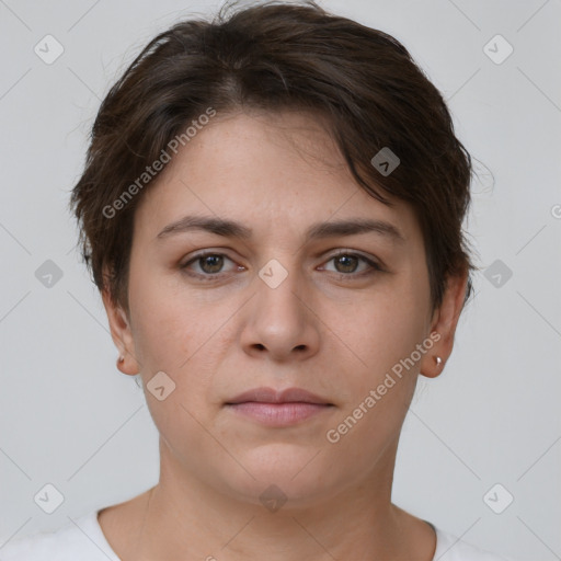 Neutral white young-adult female with short  brown hair and brown eyes