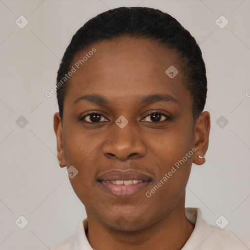 Joyful black young-adult female with short  black hair and brown eyes