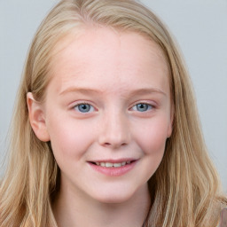 Joyful white child female with long  brown hair and blue eyes