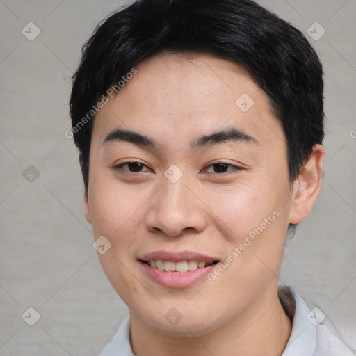 Joyful asian young-adult female with short  brown hair and brown eyes