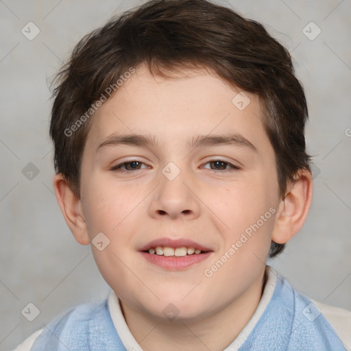 Joyful white child male with short  brown hair and brown eyes