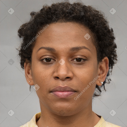 Neutral black young-adult female with short  brown hair and brown eyes