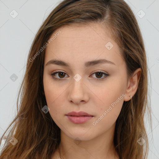 Neutral white young-adult female with long  brown hair and brown eyes