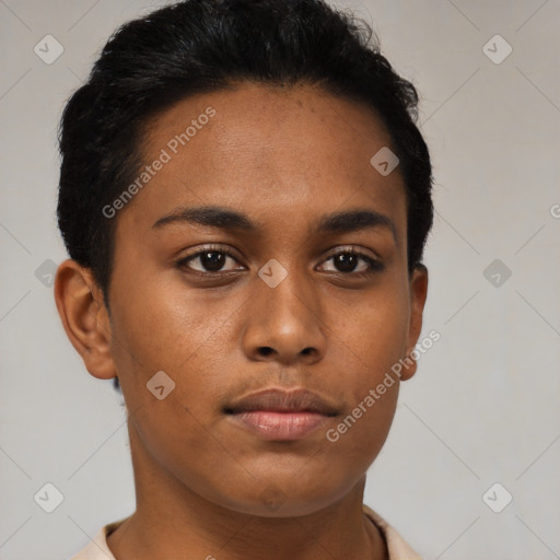 Neutral black young-adult female with short  brown hair and brown eyes