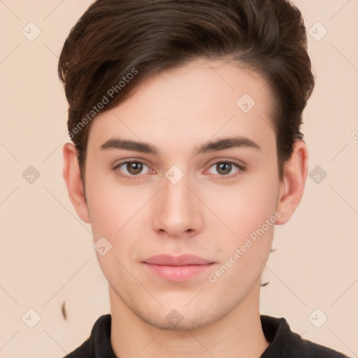 Neutral white young-adult male with short  brown hair and brown eyes