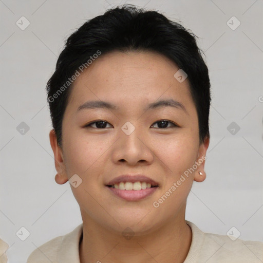 Joyful asian young-adult female with short  brown hair and brown eyes