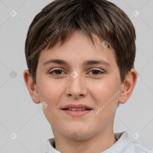 Joyful white child male with short  brown hair and brown eyes