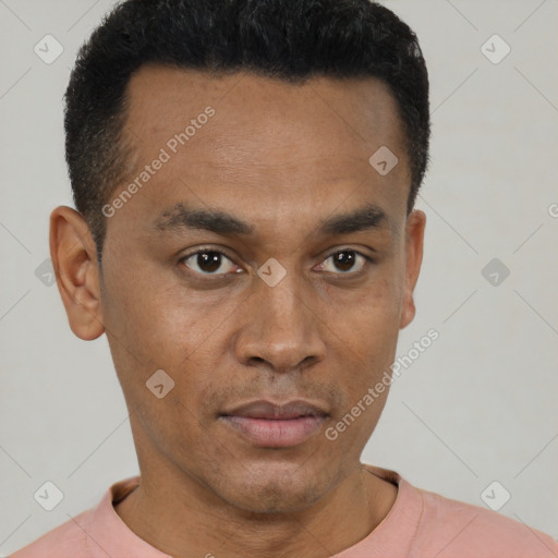 Neutral latino young-adult male with short  black hair and brown eyes