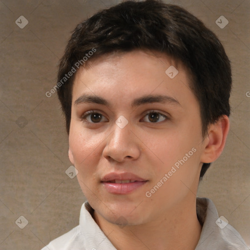 Neutral white young-adult female with short  brown hair and brown eyes