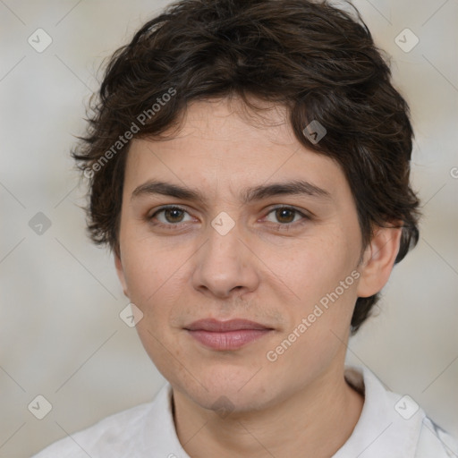 Joyful white young-adult male with medium  brown hair and brown eyes