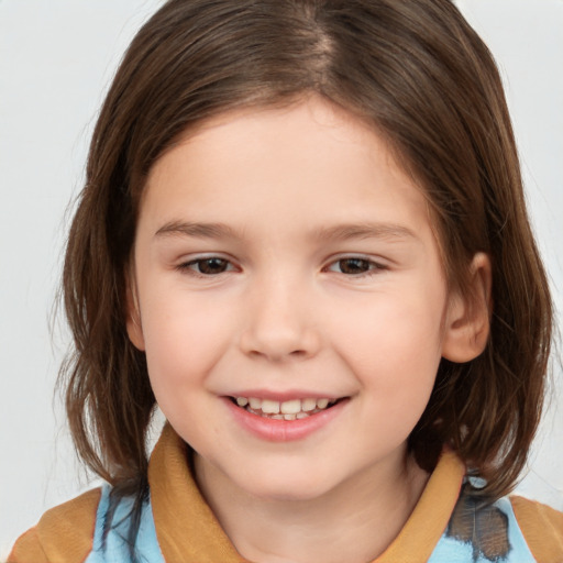 Joyful white child female with medium  brown hair and brown eyes