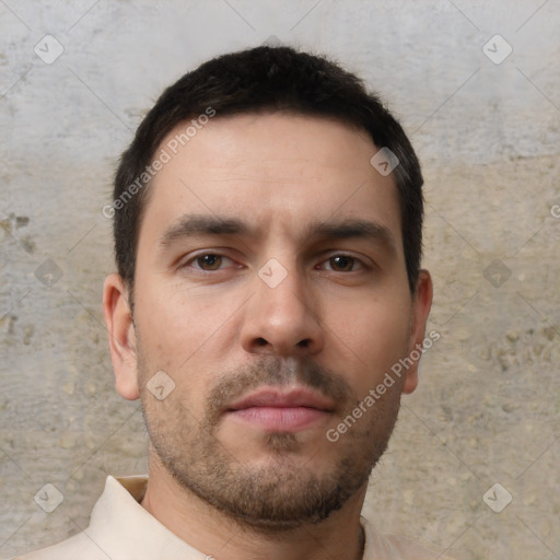 Neutral white young-adult male with short  brown hair and brown eyes