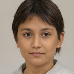 Neutral asian young-adult female with short  brown hair and brown eyes