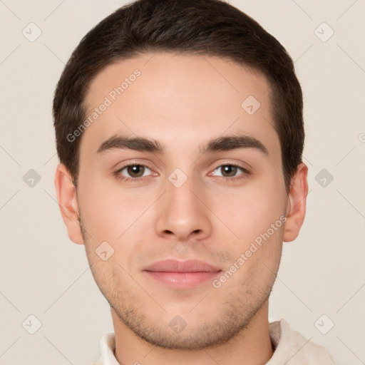 Neutral white young-adult male with short  brown hair and brown eyes