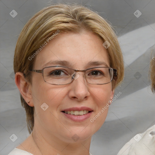 Joyful white adult female with medium  brown hair and blue eyes