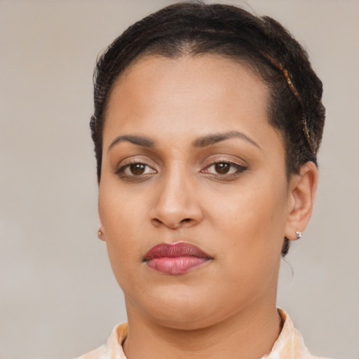 Joyful black young-adult female with short  brown hair and brown eyes