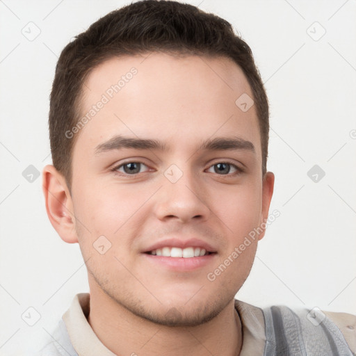 Neutral white young-adult male with short  brown hair and grey eyes