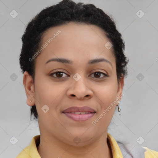 Joyful latino young-adult female with short  brown hair and brown eyes